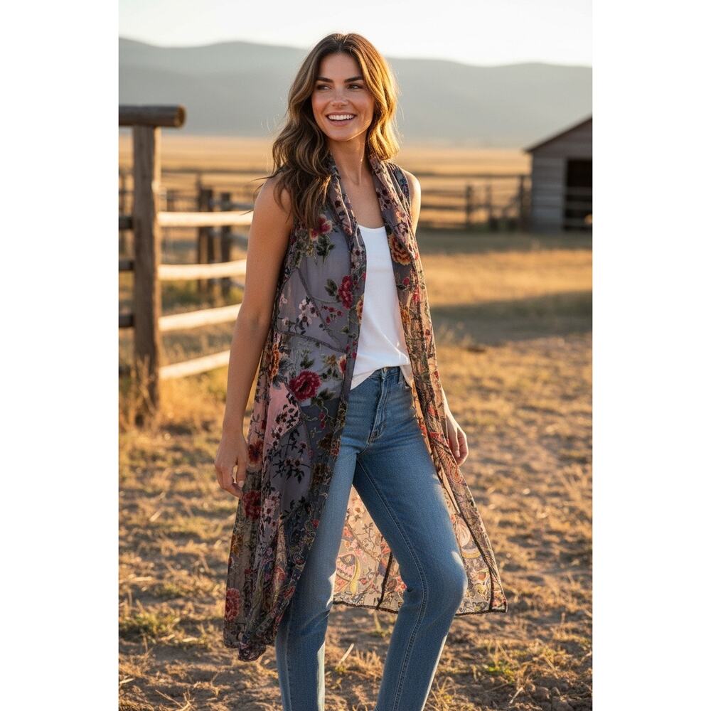 Long Phoebe Sleeveless Sheer Embroidered Floral Cardigan Womens S Bohemian Fairy